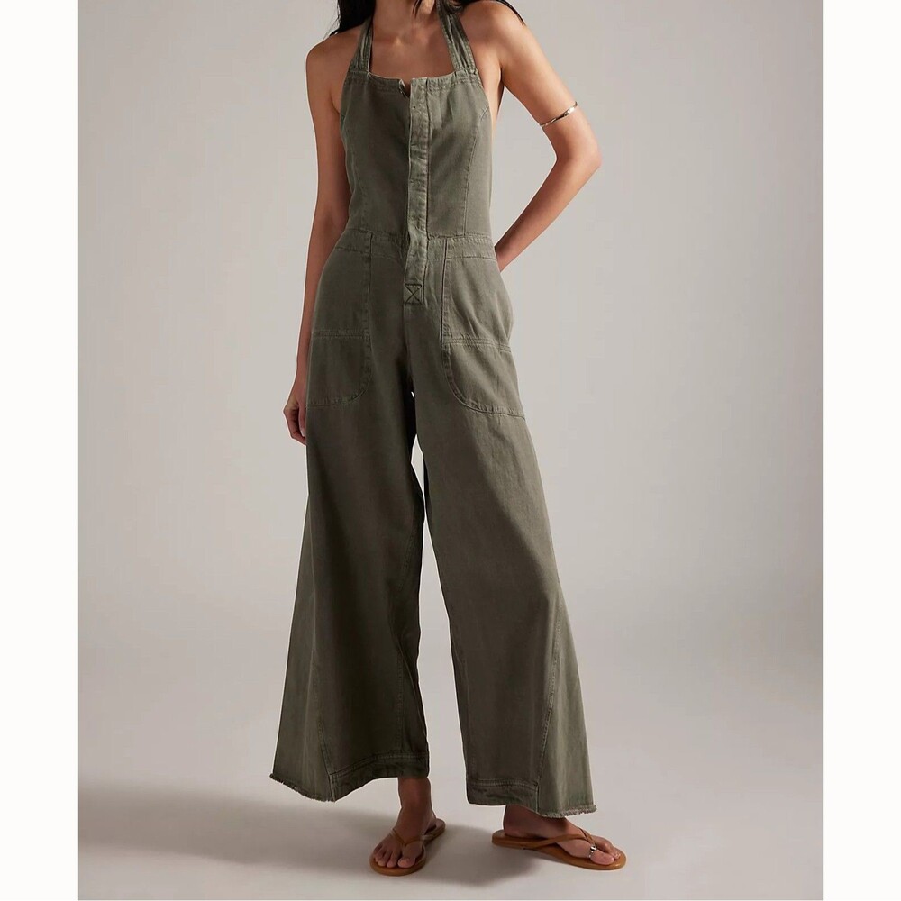 Free People Phoenix Solid Overalls Jumpsuit Dress Wide Leg Halter XS 288360